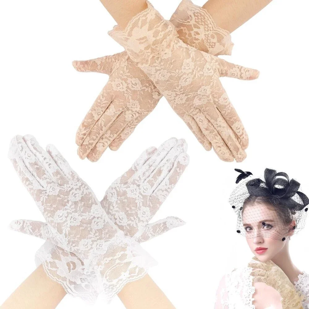 Women White Beige 2P Gloves Bridal Wedding Party Opera Fashion Halloween Cosplay